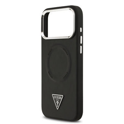 Apple iPhone 17 Pro Max Kılıf Guess Orjinal Lisanslı M-safe Şarj Özellikli PU Deri Metal Kamera Çerçeveli Üçgen Logolu Kapak Siyah
