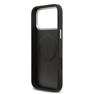 Apple iPhone 17 Pro Max Kılıf Guess Orjinal Lisanslı M-safe Şarj Özellikli PU Deri Metal Kamera Çerçeveli Üçgen Logolu Kapak Siyah