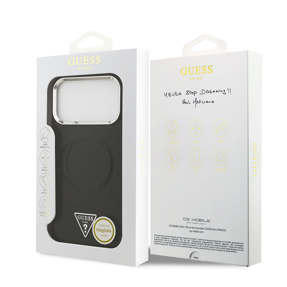 iPhone 17 Pro Max Kılıf Guess Orjinal Lisanslı M-safe Şarj Özellikli PU Deri Metal Kamera Çerçeveli Üçgen Logolu Kılıf