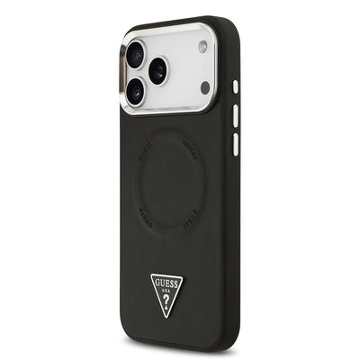 Apple iPhone 17 Pro Max Kılıf Guess Orjinal Lisanslı M-safe Şarj Özellikli PU Deri Metal Kamera Çerçeveli Üçgen Logolu Kapak Siyah
