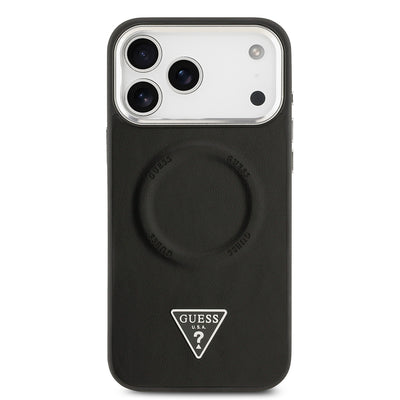 Apple iPhone 17 Pro Max Kılıf Guess Orjinal Lisanslı M-safe Şarj Özellikli PU Deri Metal Kamera Çerçeveli Üçgen Logolu Kapak Siyah
