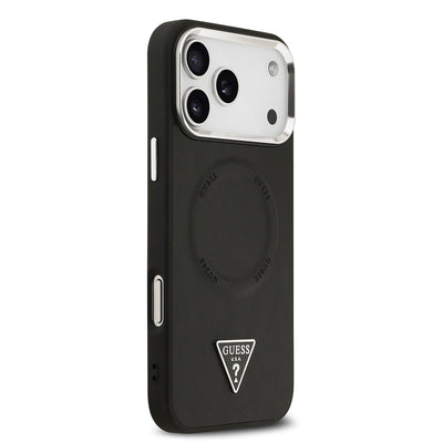 Apple iPhone 17 Pro Max Kılıf Guess Orjinal Lisanslı M-safe Şarj Özellikli PU Deri Metal Kamera Çerçeveli Üçgen Logolu Kapak Siyah