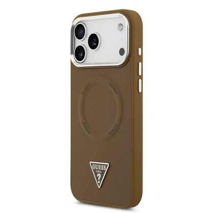 iPhone 17 Pro Max Kılıf Guess Orjinal Lisanslı M-safe Şarj Özellikli PU Deri Metal Kamera Çerçeveli Üçgen Logolu Kılıf