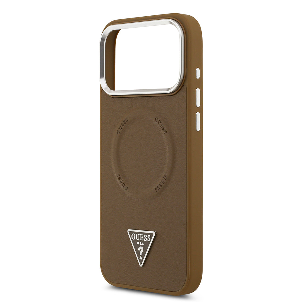 iPhone 17 Pro Max Kılıf Guess Orjinal Lisanslı M-safe Şarj Özellikli PU Deri Metal Kamera Çerçeveli Üçgen Logolu Kılıf