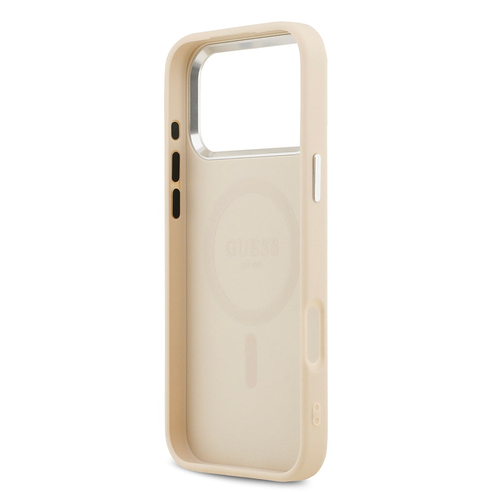 iPhone 17 Pro Max Kılıf Guess Orjinal Lisanslı M-safe Şarj Özellikli Sıcak Baskılı Klasik Yazı Logolu PU Deri Peony Kılıf