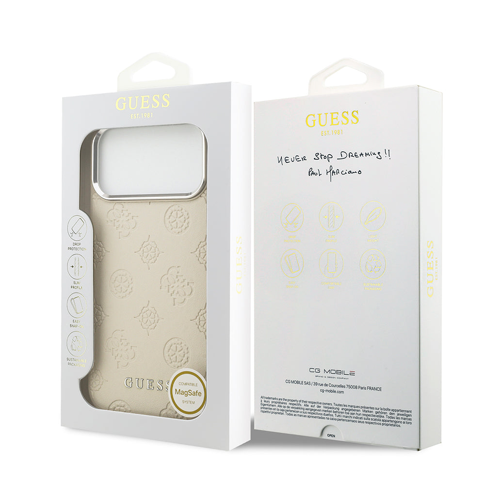 iPhone 17 Pro Max Kılıf Guess Orjinal Lisanslı M-safe Şarj Özellikli Sıcak Baskılı Klasik Yazı Logolu PU Deri Peony Kılıf