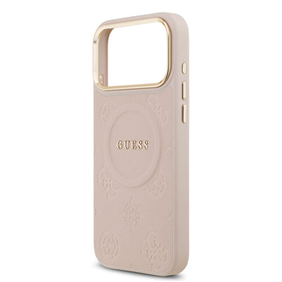 Apple iPhone 17 Pro Max Kılıf Guess Orjinal Lisanslı M-safe Şarj Özellikli Sıcak Baskılı Yazı Logolu PU Deri Peony Kapak Pembe