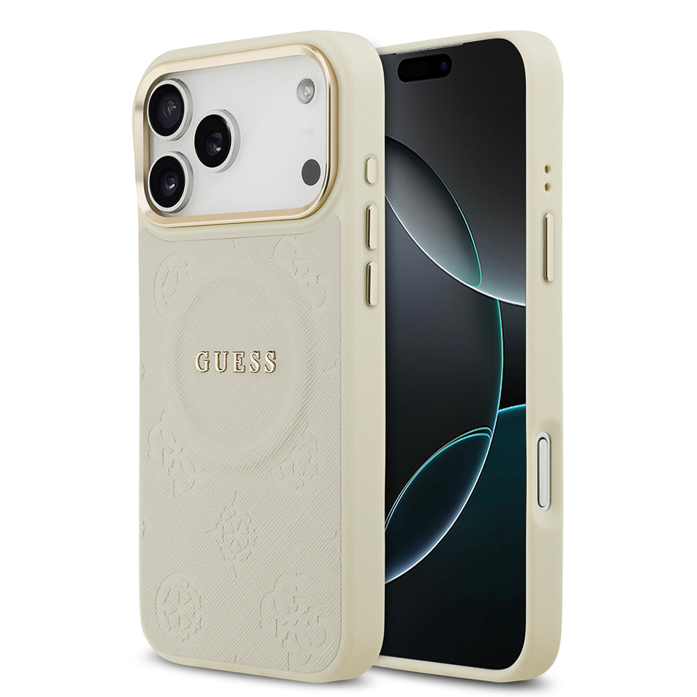 iPhone 17 Pro Max Kılıf Guess Orjinal Lisanslı M-safe Şarj Özellikli Sıcak Baskılı Yazı Logolu PU Deri Peony Kılıf
