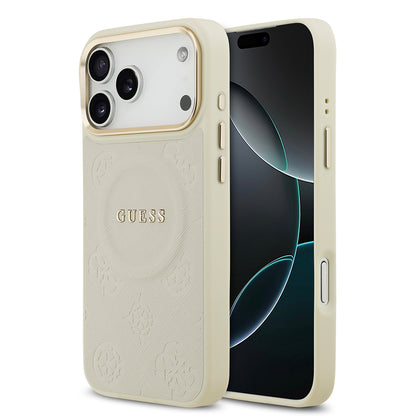 iPhone 17 Pro Max Kılıf Guess Orjinal Lisanslı M-safe Şarj Özellikli Sıcak Baskılı Yazı Logolu PU Deri Peony Kılıf