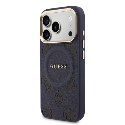 Apple iPhone 17 Pro Max Kılıf Guess Orjinal Lisanslı M-safe Şarj Özellikli Sıcak Baskılı Yazı Logolu PU Deri Peony Kapak
