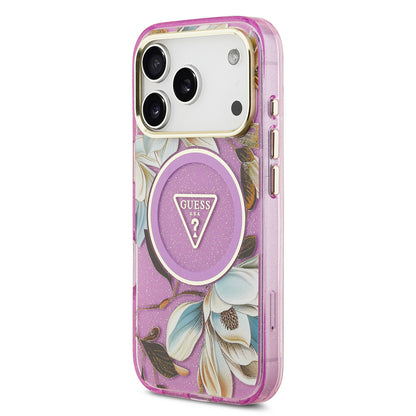 iPhone 17 Pro Max Kılıf Guess Orjinal Lisanslı M-safe Şarj Özellikli Simli Çiçek Desenli Metal Kamera Çerçeveli Üçgen Logolu Kılıf