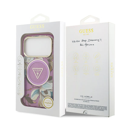 iPhone 17 Pro Max Kılıf Guess Orjinal Lisanslı M-safe Şarj Özellikli Simli Çiçek Desenli Metal Kamera Çerçeveli Üçgen Logolu Kılıf