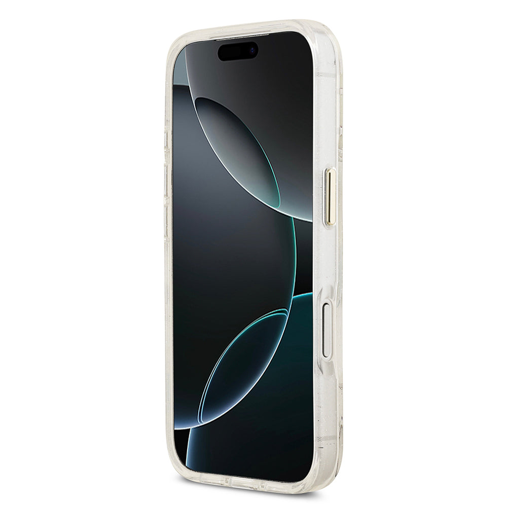 iPhone 17 Pro Max Kılıf Guess Orjinal Lisanslı M-safe Şarj Özellikli Simli Çiçek Desenli Metal Kamera Çerçeveli Üçgen Logolu Kılıf