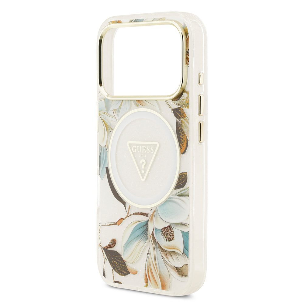 iPhone 17 Pro Max Kılıf Guess Orjinal Lisanslı M-safe Şarj Özellikli Simli Çiçek Desenli Metal Kamera Çerçeveli Üçgen Logolu Kılıf