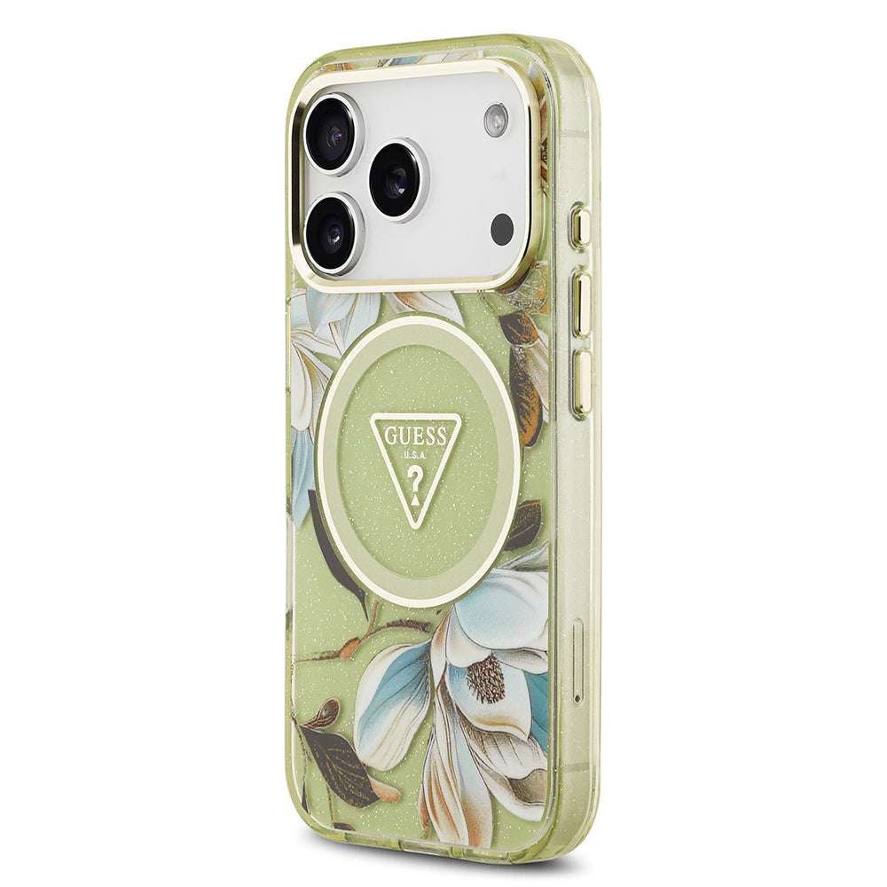 iPhone 17 Pro Max Kılıf Guess Orjinal Lisanslı M-safe Şarj Özellikli Simli Çiçek Desenli Metal Kamera Çerçeveli Üçgen Logolu Kılıf