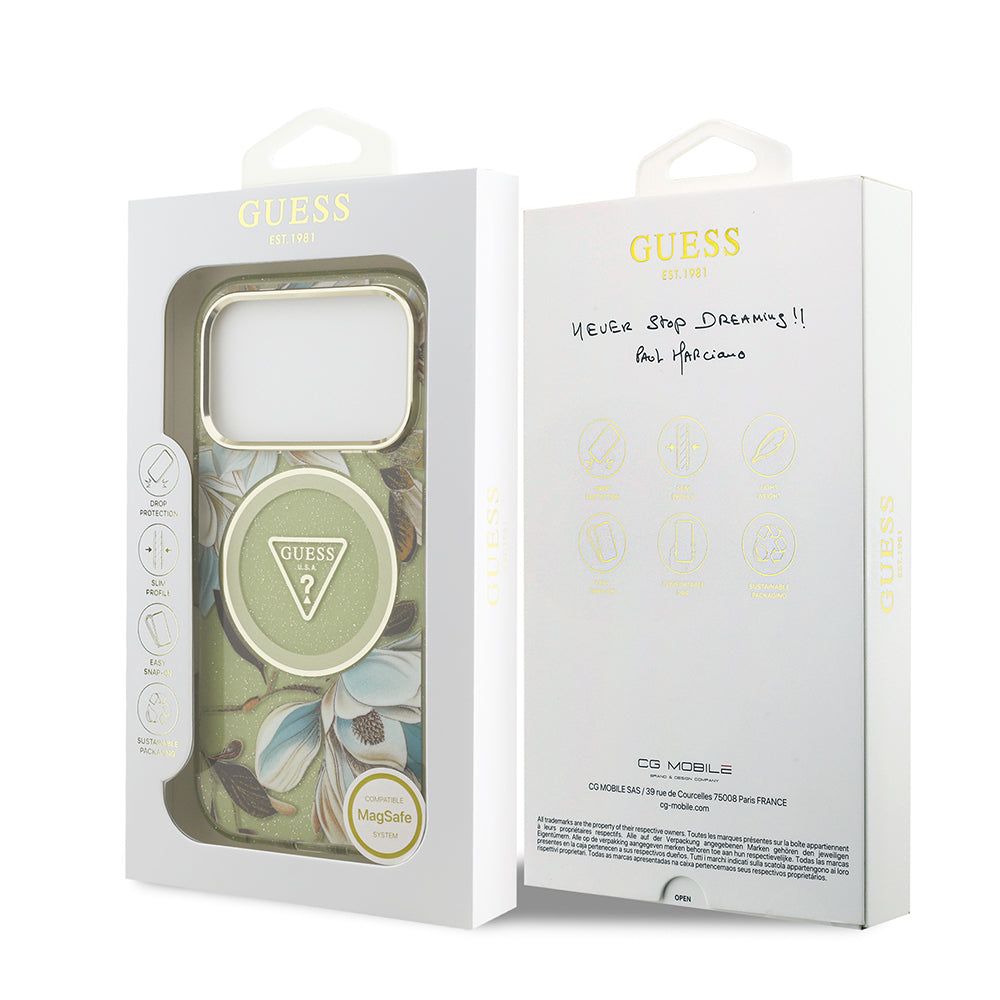 iPhone 17 Pro Max Kılıf Guess Orjinal Lisanslı M-safe Şarj Özellikli Simli Çiçek Desenli Metal Kamera Çerçeveli Üçgen Logolu Kılıf