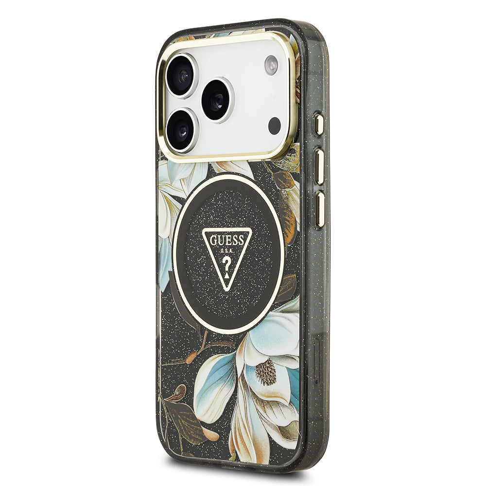 iPhone 17 Pro Max Kılıf Guess Orjinal Lisanslı M-safe Şarj Özellikli Simli Çiçek Desenli Metal Kamera Çerçeveli Üçgen Logolu Kılıf