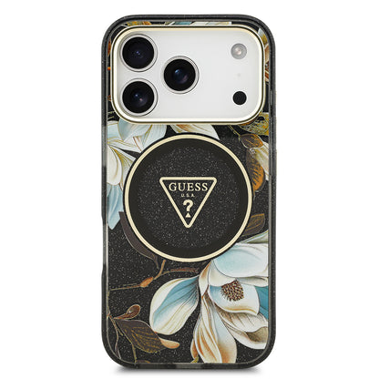 iPhone 17 Pro Max Kılıf Guess Orjinal Lisanslı M-safe Şarj Özellikli Simli Çiçek Desenli Metal Kamera Çerçeveli Üçgen Logolu Kılıf