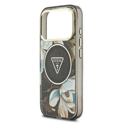 iPhone 17 Pro Max Kılıf Guess Orjinal Lisanslı M-safe Şarj Özellikli Simli Çiçek Desenli Metal Kamera Çerçeveli Üçgen Logolu Kılıf