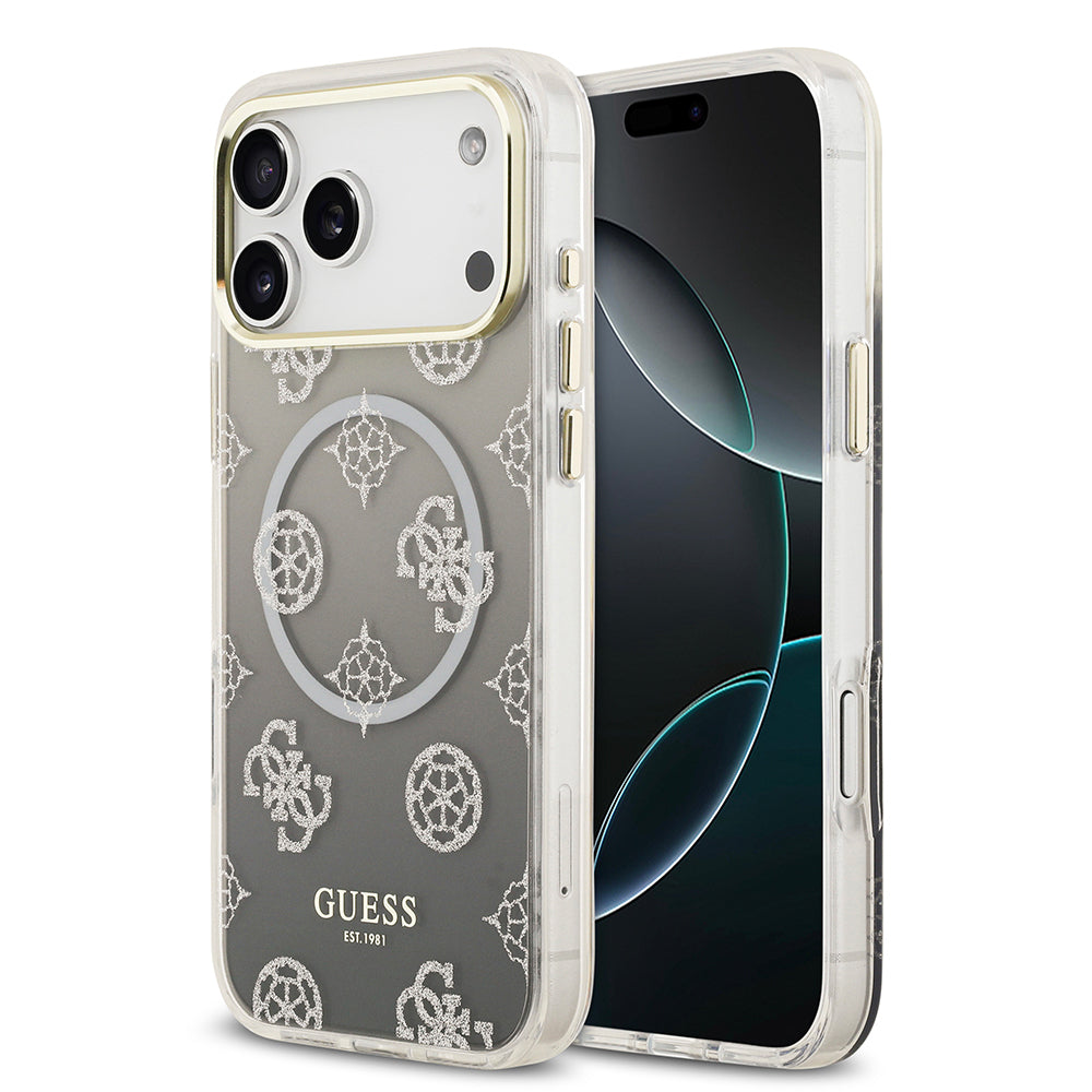 iPhone 17 Pro Max Kılıf Guess Orjinal Lisanslı M-safe Şarj Özellikli Simli Peony Desenli Silikon Kılıf