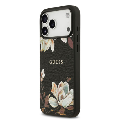 iPhone 17 Pro Max Kılıf Guess Orjinal Lisanslı M-safe Şarj Özellikli Taneli Çiçek Tasarımlı Metal Yazı Logolu Kılıf