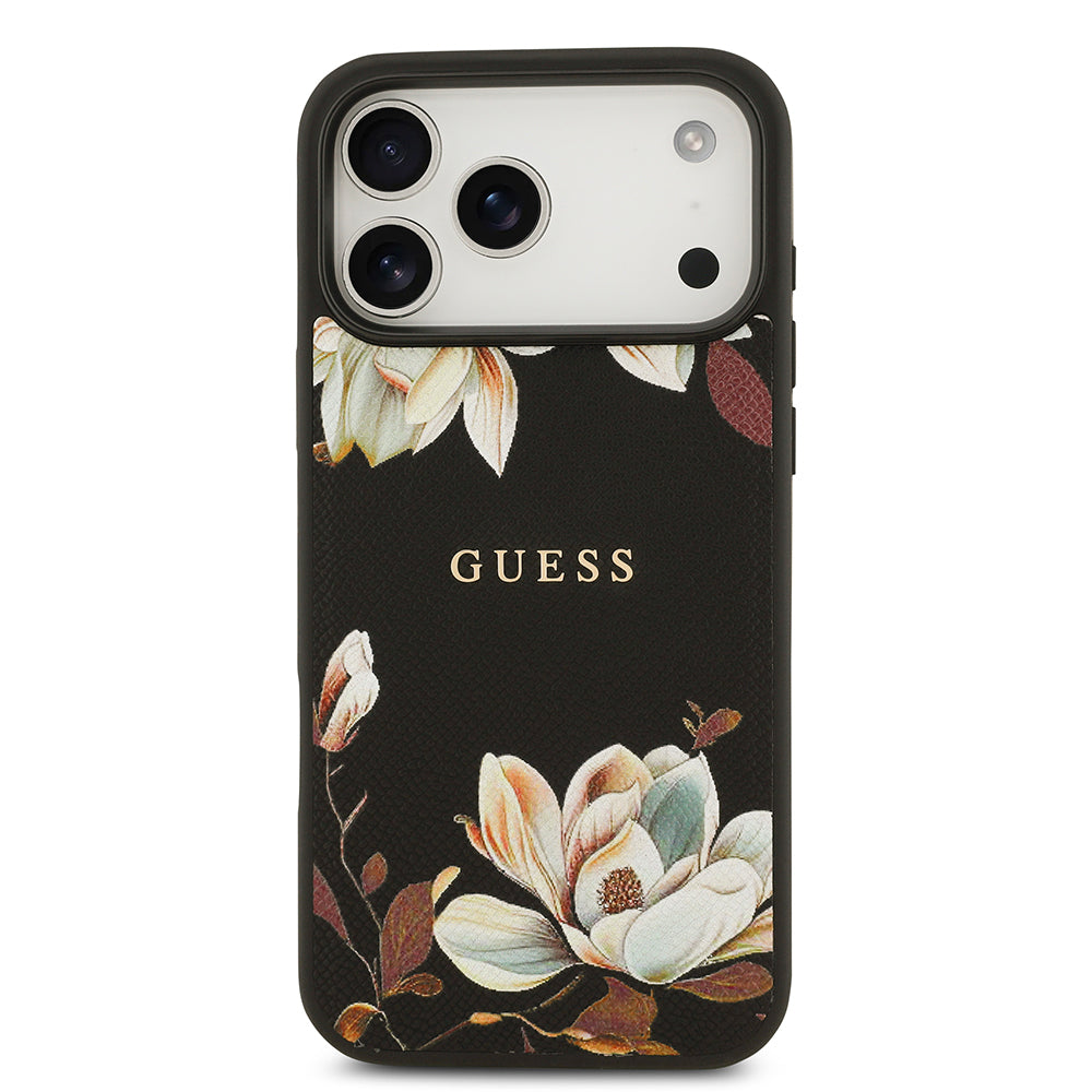 iPhone 17 Pro Max Kılıf Guess Orjinal Lisanslı M-safe Şarj Özellikli Taneli Çiçek Tasarımlı Metal Yazı Logolu Kılıf