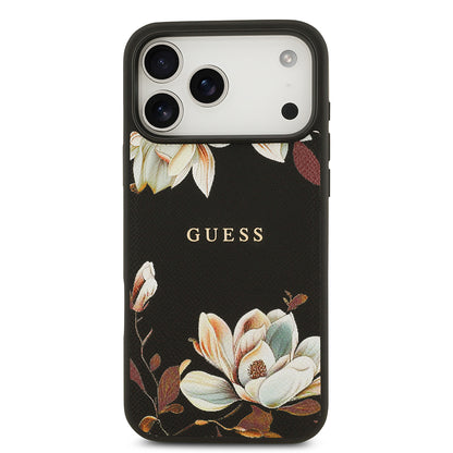 iPhone 17 Pro Max Kılıf Guess Orjinal Lisanslı M-safe Şarj Özellikli Taneli Çiçek Tasarımlı Metal Yazı Logolu Kılıf