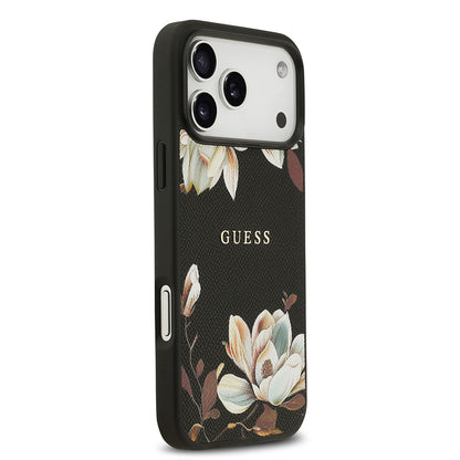 iPhone 17 Pro Max Kılıf Guess Orjinal Lisanslı M-safe Şarj Özellikli Taneli Çiçek Tasarımlı Metal Yazı Logolu Kılıf