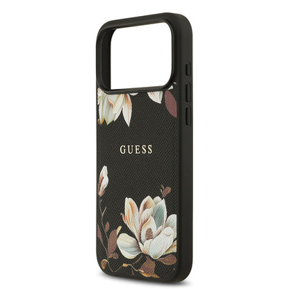 iPhone 17 Pro Max Kılıf Guess Orjinal Lisanslı M-safe Şarj Özellikli Taneli Çiçek Tasarımlı Metal Yazı Logolu Kılıf
