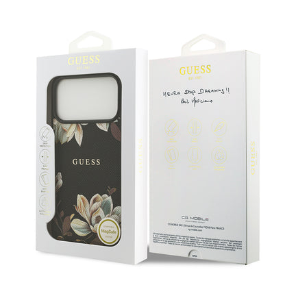 iPhone 17 Pro Max Kılıf Guess Orjinal Lisanslı M-safe Şarj Özellikli Taneli Çiçek Tasarımlı Metal Yazı Logolu Kılıf