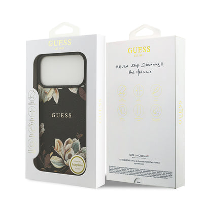 Apple iPhone 17 Pro Max Kılıf Guess Orjinal Lisanslı M-safe Şarj Özellikli Taneli Çiçek Tasarımlı Metal Yazı Logolu Kapak Siyah