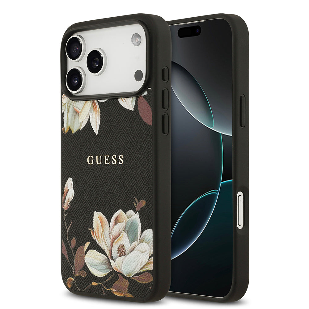 iPhone 17 Pro Max Kılıf Guess Orjinal Lisanslı M-safe Şarj Özellikli Taneli Çiçek Tasarımlı Metal Yazı Logolu Kılıf