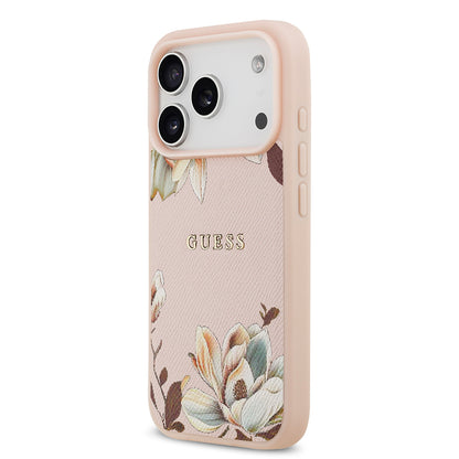 iPhone 17 Pro Max Kılıf Guess Orjinal Lisanslı M-safe Şarj Özellikli Taneli Çiçek Tasarımlı Metal Yazı Logolu Kılıf