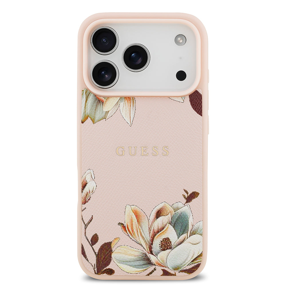 iPhone 17 Pro Max Kılıf Guess Orjinal Lisanslı M-safe Şarj Özellikli Taneli Çiçek Tasarımlı Metal Yazı Logolu Kılıf