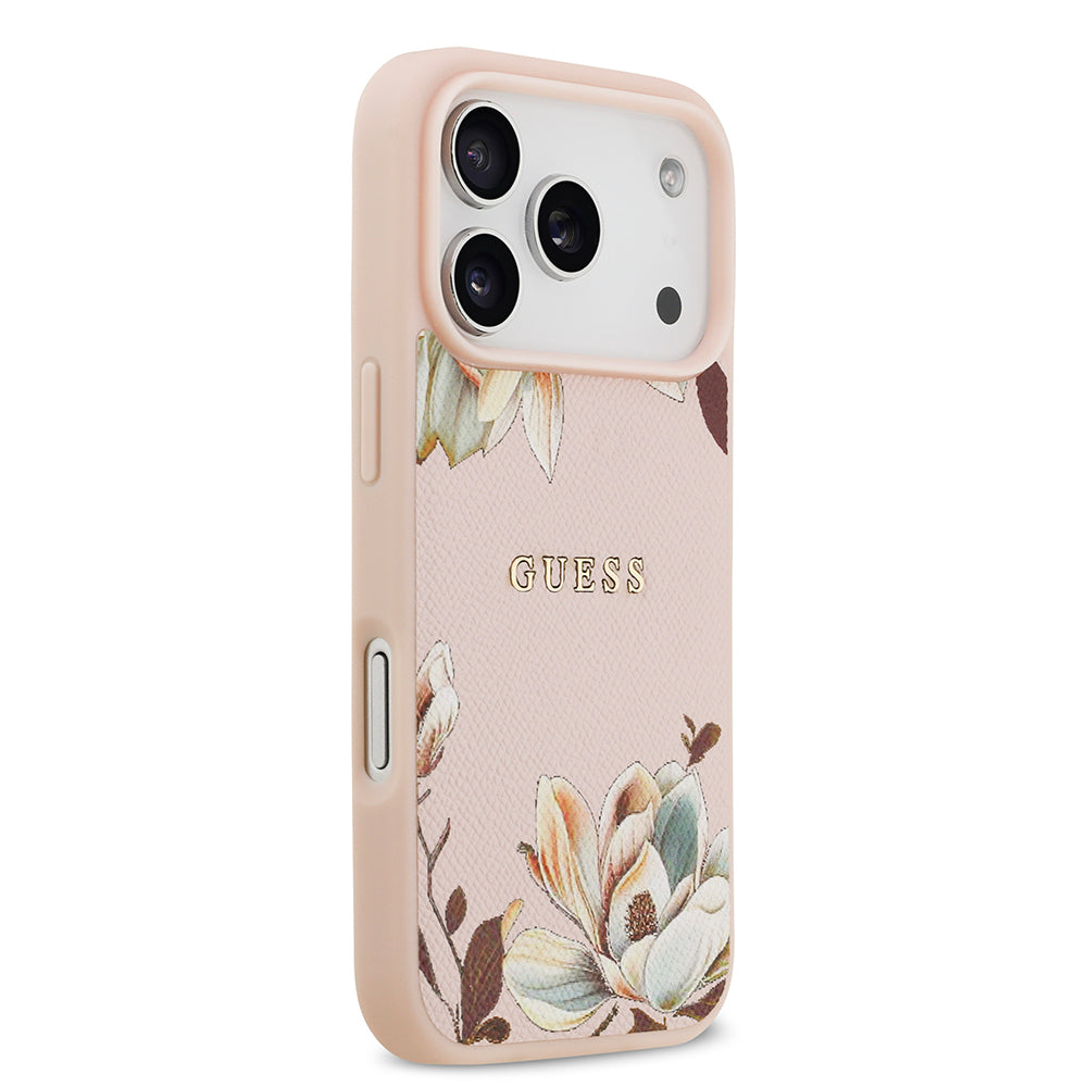 iPhone 17 Pro Max Kılıf Guess Orjinal Lisanslı M-safe Şarj Özellikli Taneli Çiçek Tasarımlı Metal Yazı Logolu Kılıf