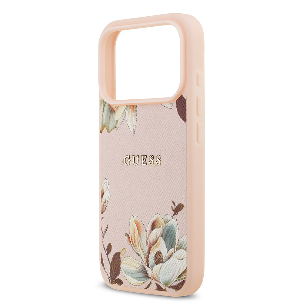 iPhone 17 Pro Max Kılıf Guess Orjinal Lisanslı M-safe Şarj Özellikli Taneli Çiçek Tasarımlı Metal Yazı Logolu Kılıf