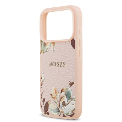 iPhone 17 Pro Max Kılıf Guess Orjinal Lisanslı M-safe Şarj Özellikli Taneli Çiçek Tasarımlı Metal Yazı Logolu Kılıf
