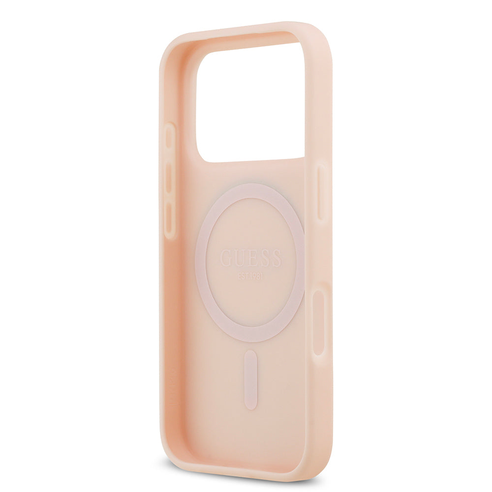 iPhone 17 Pro Max Kılıf Guess Orjinal Lisanslı M-safe Şarj Özellikli Taneli Çiçek Tasarımlı Metal Yazı Logolu Kılıf