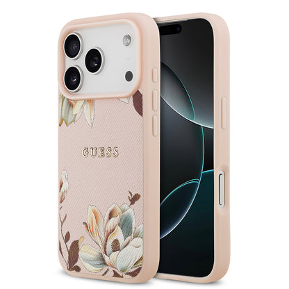iPhone 17 Pro Max Kılıf Guess Orjinal Lisanslı M-safe Şarj Özellikli Taneli Çiçek Tasarımlı Metal Yazı Logolu Kılıf