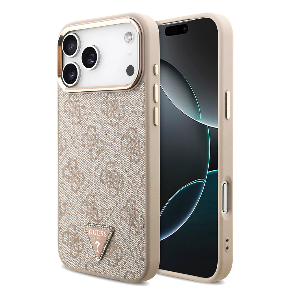 iPhone 17 Pro Max Kılıf Guess Orjinal Lisanslı M-safe Şarj Özellikli Taşlı Üçgen Logo 4G Desenli Kılıf