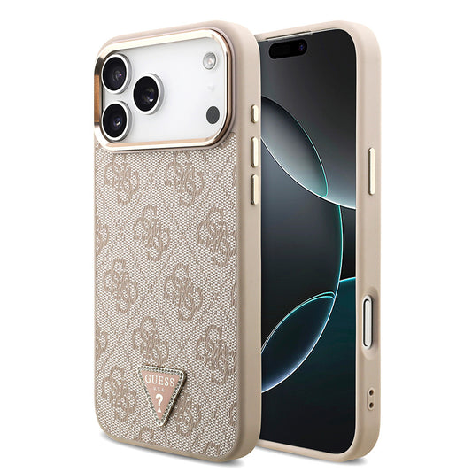 iPhone 17 Pro Max Kılıf Guess Orjinal Lisanslı M-safe Şarj Özellikli Taşlı Üçgen Logo 4G Desenli Kılıf