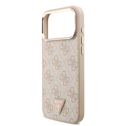 iPhone 17 Pro Max Kılıf Guess Orjinal Lisanslı M-safe Şarj Özellikli Taşlı Üçgen Logo 4G Desenli Kılıf