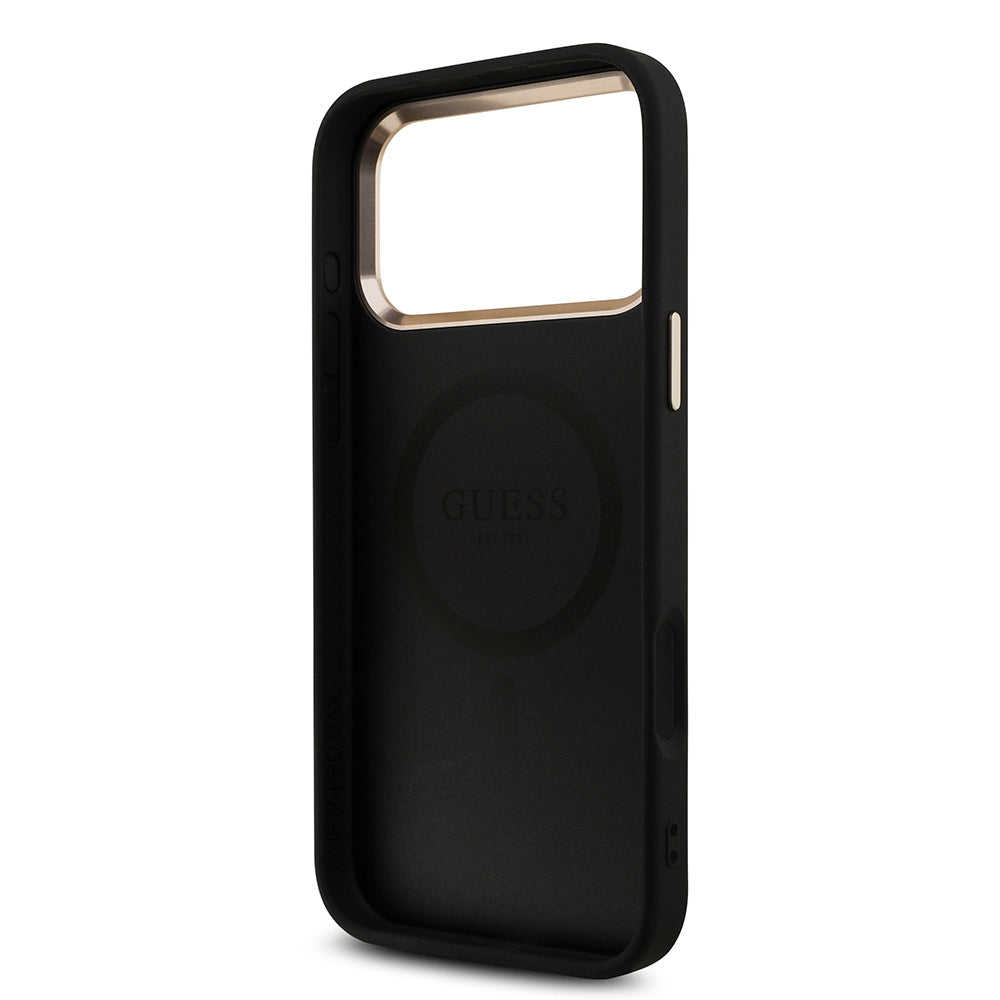 iPhone 17 Pro Max Kılıf Guess Orjinal Lisanslı M-safe Şarj Özellikli Taşlı Üçgen Logo 4G Desenli Kılıf