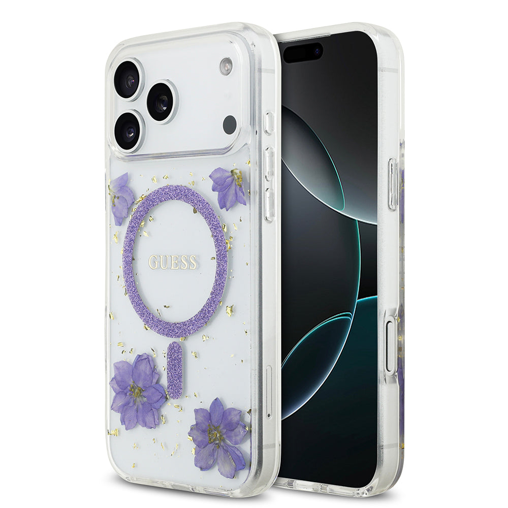 iPhone 17 Pro Max Kılıf Guess Orjinal Lisanslı M-safe Şarj Özellikli Transparan Resin Flowers Kılıf