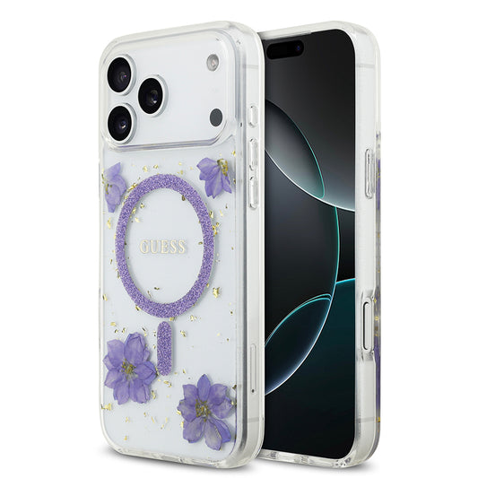 iPhone 17 Pro Max Kılıf Guess Orjinal Lisanslı M-safe Şarj Özellikli Transparan Resin Flowers Kılıf