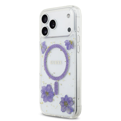 iPhone 17 Pro Max Kılıf Guess Orjinal Lisanslı M-safe Şarj Özellikli Transparan Resin Flowers Kılıf