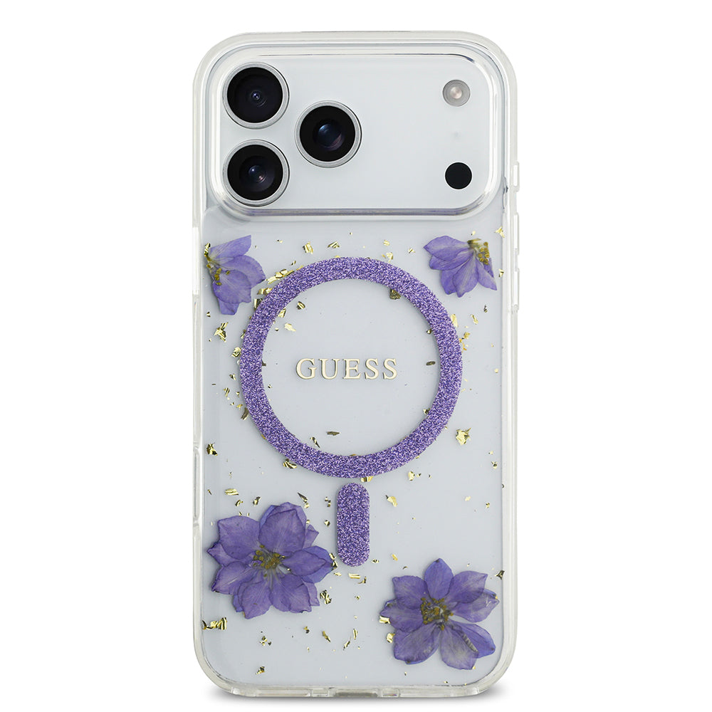 iPhone 17 Pro Max Kılıf Guess Orjinal Lisanslı M-safe Şarj Özellikli Transparan Resin Flowers Kılıf