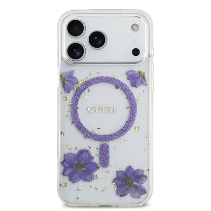 iPhone 17 Pro Max Kılıf Guess Orjinal Lisanslı M-safe Şarj Özellikli Transparan Resin Flowers Kılıf