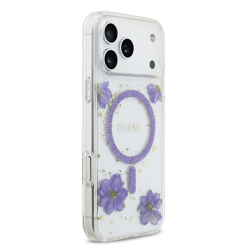 iPhone 17 Pro Max Kılıf Guess Orjinal Lisanslı M-safe Şarj Özellikli Transparan Resin Flowers Kılıf