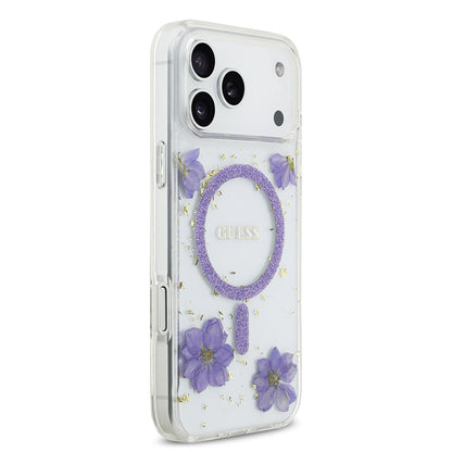 iPhone 17 Pro Max Kılıf Guess Orjinal Lisanslı M-safe Şarj Özellikli Transparan Resin Flowers Kılıf